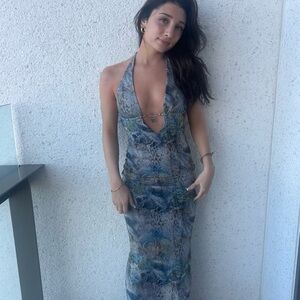 Elegant Blue Patterned Halter Dress